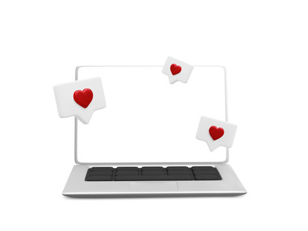 3d realistic laptop with social media likes flying around the device. Online social concept with laptop in cartoon style. vector illustration.のイラスト素材