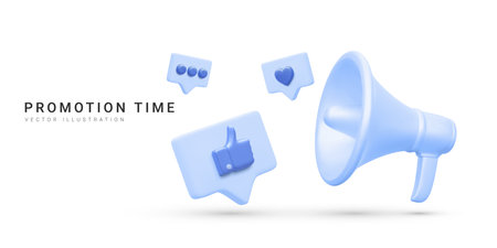 3d realistic megaphone with flying social media icons white background. vector illustration.のイラスト素材