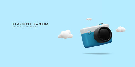 3d realistic camera isolated on blue background.Time to travel concept in minimal style with copy space. vector illustration.のイラスト素材