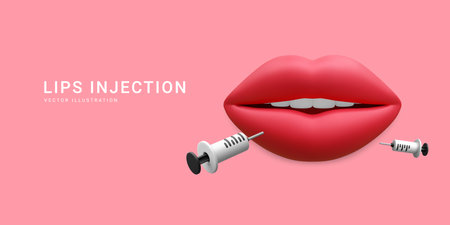 3d realistic banner for lip injection. Concept of dermatology and cosmetology treatment. Red aesthetic beautiful lips with medical plastic syringe with cosmetic injection in cartoon style.のイラスト素材