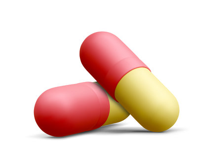3d realistic two close up capsule pills isolated on white background. vector illustration.のイラスト素材