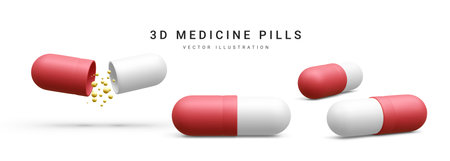 Set of 3d realistic oval, round and capsule shaped tablets isolated on white background. medicine and drugs. vector illustration.のイラスト素材