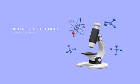 3d realistic banner with microscope, molecules and atom isolated on blue background. Medicine, biology, chemistry and science concept in cartoon style. vector illustration.のイラスト素材