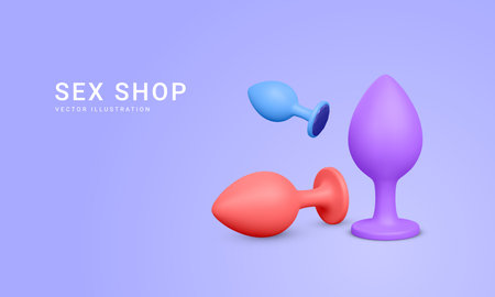 3d realistic butt plug isolated on blue background. Banner for sex shop. vector illustration.のイラスト素材