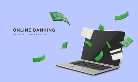 3d realistic laptop with falling green paper currency and credit card. Online banking app and e-payment. Credit card for online payment or shopping. vector illustration.のイラスト素材