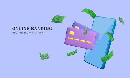 3d realistic mobile wallet with falling green paper currency. Mobile banking app and e-payment. Credit card for online payment or shopping. vector illustration.のイラスト素材
