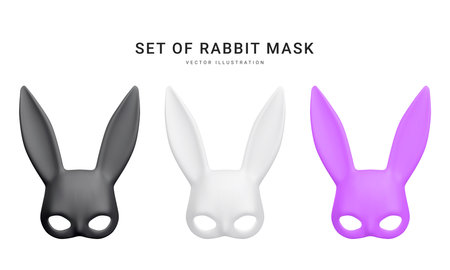 Set of 3d realistic rabbit mask isolated on white background. Bdsm outfit for the relaxes, sex, and wellness. Template for sex shop or erotic website. vector illustration.のイラスト素材