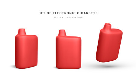 Set of 3d realistic disposable electronic cigarette isolated on white background. Modern smoking, vaping and nicotine with different flavors. vector illustration.のイラスト素材