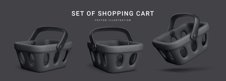 Set of 3d realistic plastic black shopping cart isolated on dark background. Special black shopping basket for Black Friday. vector illustration.のイラスト素材