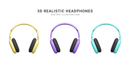 Set of 3d realistic wireless headphones isolated on white background. vector illustration.のイラスト素材