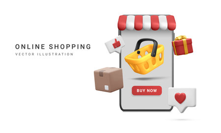 3d realistic store in smartphone with shopping cart, carton box and gift box in cartoon style on white background. Poster or web page for online shopping. Vector illustration.のイラスト素材