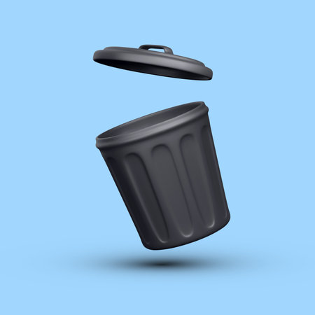 3d realistic black open trash can isolated on blue background. Vector illustration.のイラスト素材