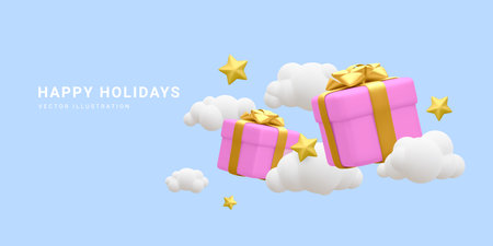 3d realistic gift box around clouds and stars. Banner, poster, website or greeting card for happy holidays concept. Vector illustration.のイラスト素材