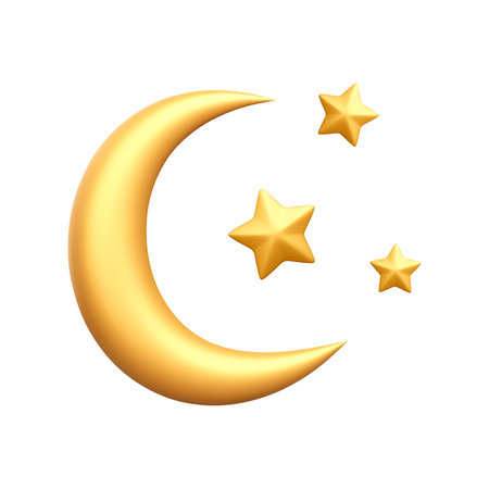 3d realistic crescent and gold stars isolated on white background. Abstract moon with bright stars in cartoon style. Vector illustration.のイラスト素材