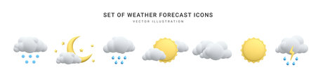 Set of 3d realistic forecast weather icons isolated on white background. Sun, moon, star, lightning, cloud, rain drops, snowflakes in cartoon style. Vector illustration.のイラスト素材