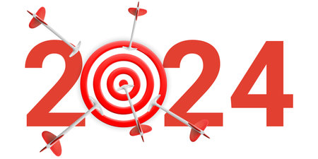 New Year realistic target and goals with symbol of 2023 from red target and arrows. Target concept for new year 2023. Vector illustration.のイラスト素材