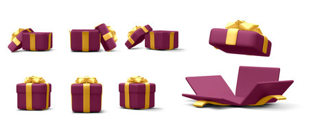 Set of 3d realistic gift boxes with gold ribbon isolated on white background. Surprise boxes. vector illustration.のイラスト素材