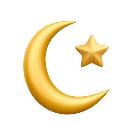 3d realistic golden crescent moon with star. Decorative vector elements for Muslim holidays. Vector illustration.のイラスト素材