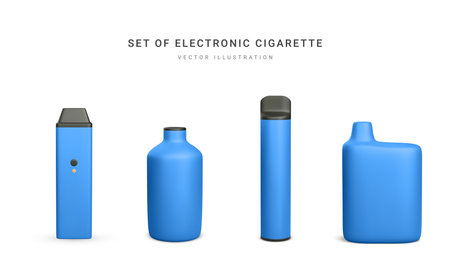 Set of 3d realistic disposable electronic cigarette isolated on white background. Modern smoking, vaping and nicotine with different flavors. Vector illustration.のイラスト素材