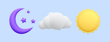 3d realistic weather icons set isolated on blue background. Violet crescent moon with stars, cloud and yellow sun in cartoon stile. Vector illustration.のイラスト素材