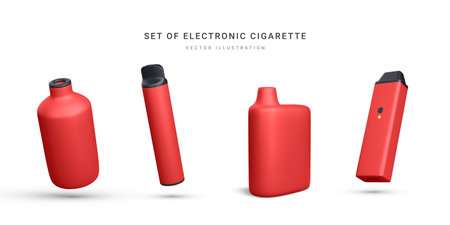 Set of 3d realistic disposable electronic cigarette isolated on white background. Modern smoking, vaping and nicotine with different flavors. Vector illustration.のイラスト素材