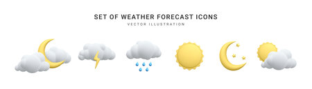 Set of 3d realistic forecast weather icons isolated on white background. Sun, moon, star, lightning, cloud, rain drops in cartoon style. Vector illustration.のイラスト素材