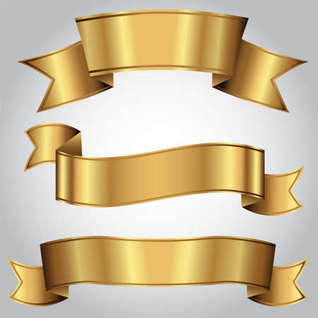 Set of three gold banners, stylish, luxurious and shiny ribbons. Can be used for certificates, awards, banners, logos, as heraldic, holiday and decorative elements etc.のイラスト素材