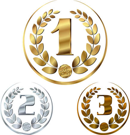 Set of gold, silver and bronze medals with laurels in a semicircle, and with gold, silver and bronze coins with stars. Realistic metal texture. Suitable for prizes, certificates, cards, etc.のイラスト素材
