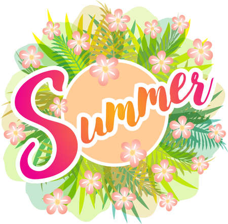 Summer - vector drawing with green leaves, ferns and pink flowers behind a round frame with the word...