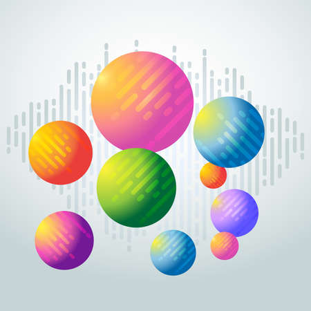 Colorful, abstract illustration of orbs with lines in background. Geometric shapes in various bright, vibrant colors.のイラスト素材