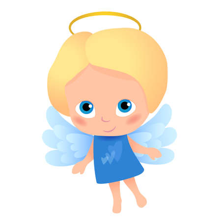 Angel with blonde hair in a blue dress with hearts in front, blue wings. Childlike character, suitable for print and web design of cards, bannersâ¦のイラスト素材
