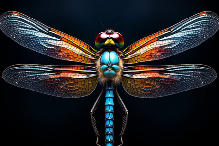Dragonfly on a black background. 3d rendering. Computer digital drawing.の素材