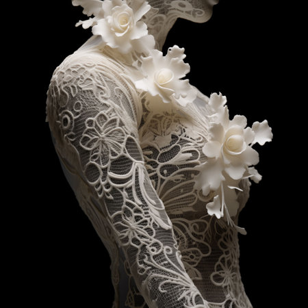 Wedding dress with lace on a black background, close-upの素材