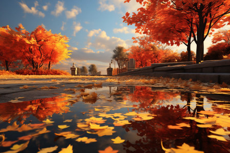 Autumn landscape with trees and reflection in a puddle of waterの素材