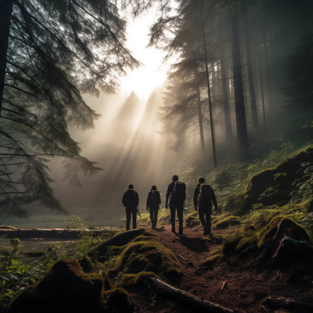 Silhouette of a group of hikers with backpacks standing in the forest.の素材