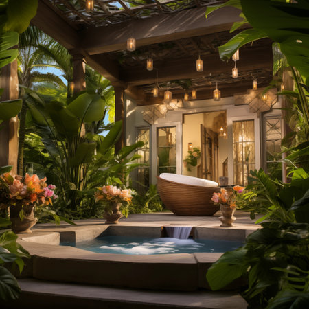 Beautiful swimming pool in a tropical garden. Luxury villaの素材