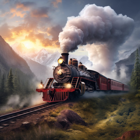 Steam locomotive in the mountains at sunset. 3D illustration.の素材