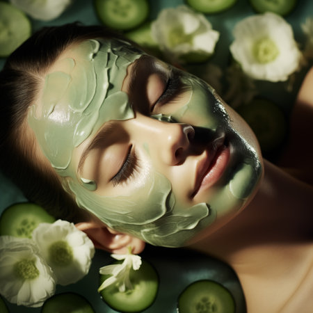 Young woman with green facial mask and cucumber slices. Beauty treatment.の素材