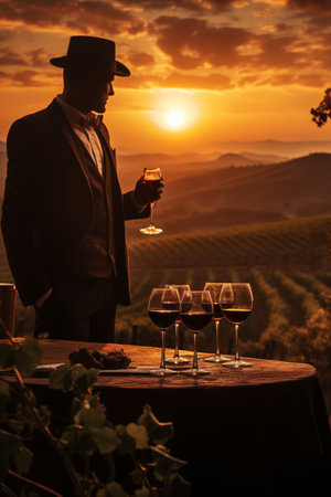 Wine tasting in Tuscany, Italy. Man tasting red wine in the vineyard at sunset.の素材