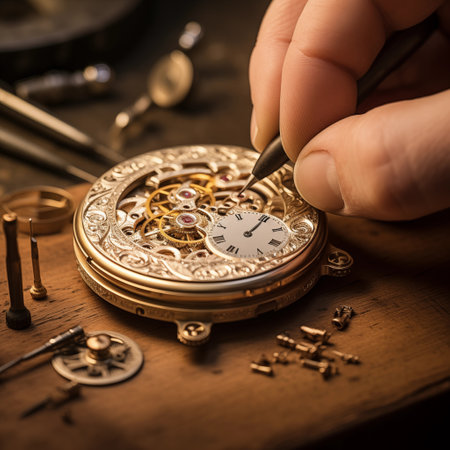 Watchmaker is repairing a vintage watch in his workshop. Close-up.の素材