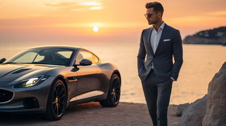 Handsome young man in suit and sunglasses standing near his luxury sport car at sunsetの素材