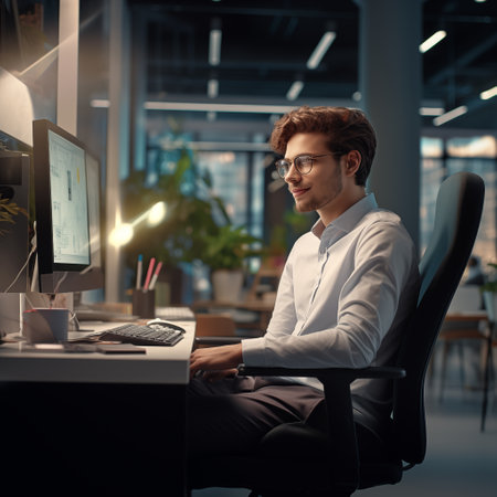 Portrait of young businessman working on computer while sitting in office.の素材