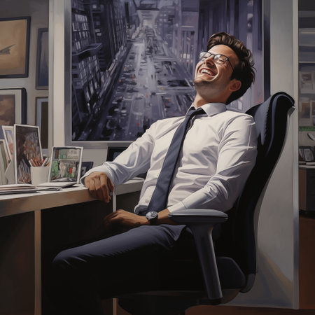 Smiling businessman sitting on chair in office and looking away. Success conceptの素材