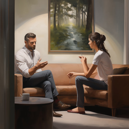 Psychologist working with patient in office. Young man and woman sitting on sofa and talking.の素材