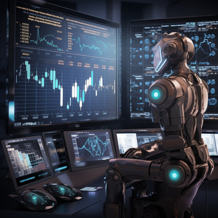 3d rendering humanoid robot working on computer monitor with stock market dataの素材