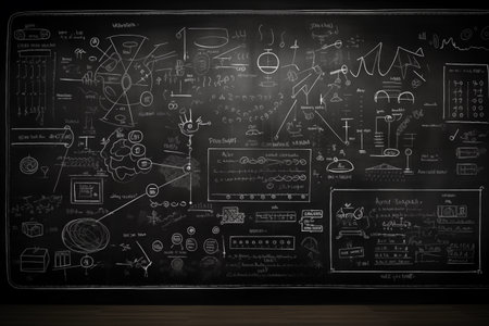 Digital composite of Chalkboard with science doodles against black backgroundの素材