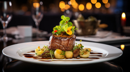 beef tenderloin with potatoes and vegetables on a white plateの素材
