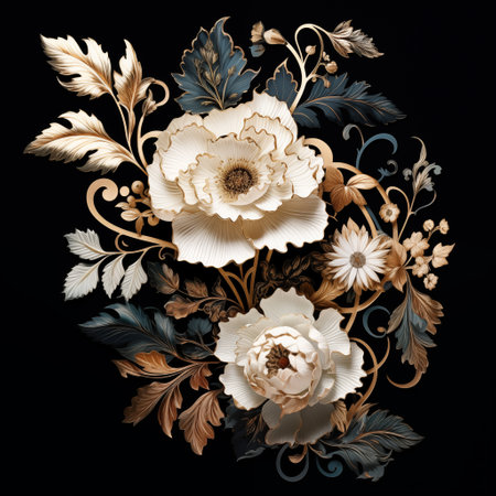 Embroidery floral pattern in retro style on a black background.の素材