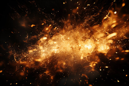 Burning fire with sparks on black background. Design element for graphics.の素材