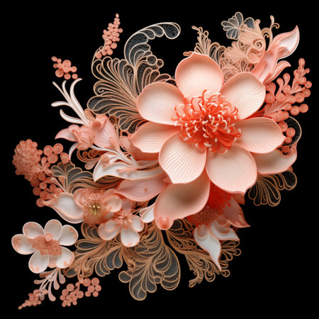 Embroidery floral ornament on black background. Vector illustration.の素材